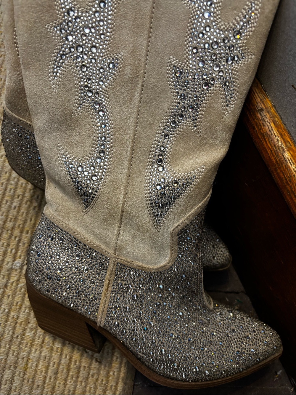 Madden NYC Embellished Cream Suede Western Tall Boots - Picture 13 of 14
